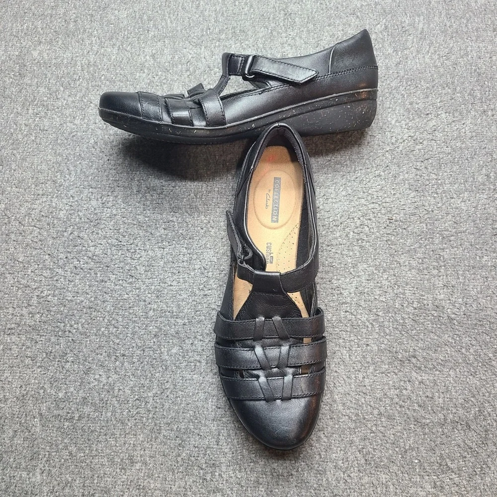 Clarks Women Black Leather Woven Strappy Mary Jane Flats Shoes 8.5M